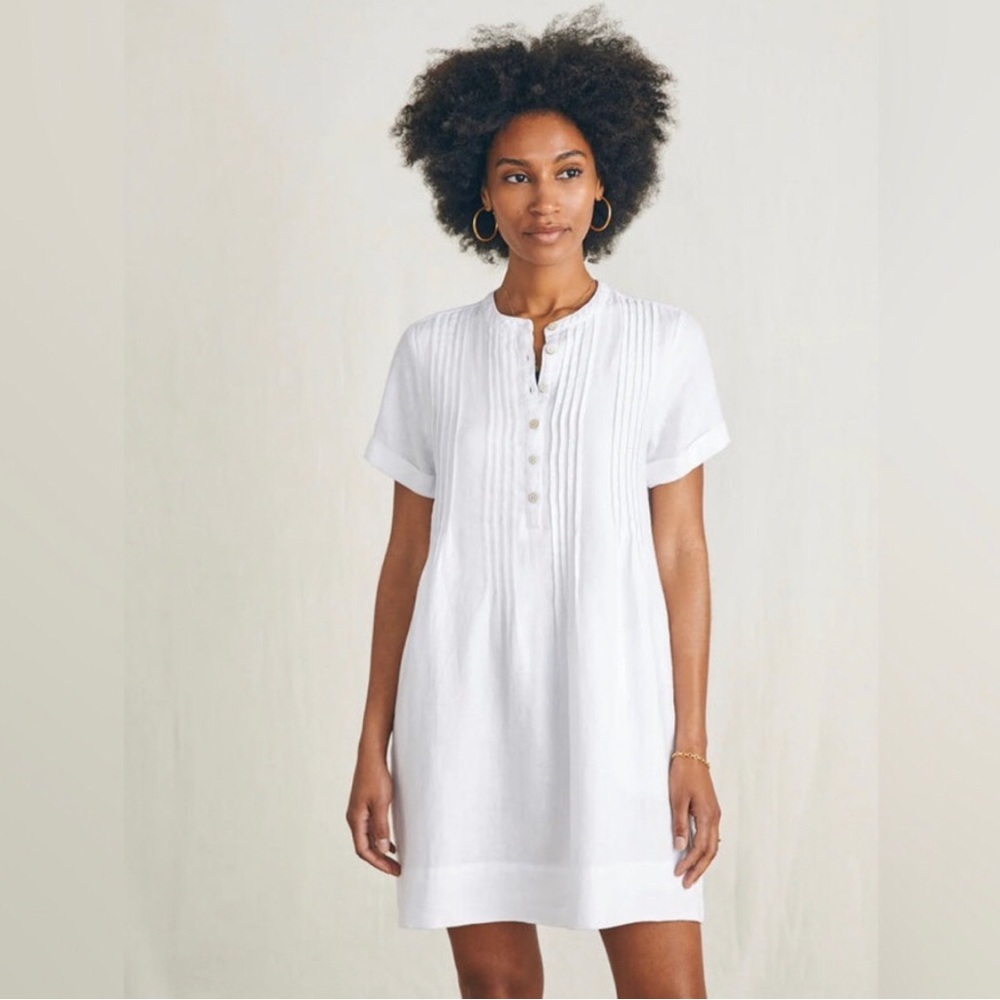 Faherty Women’s XS Gemina White 100% Linen Short-Sleeved Pleated Dress - NWT!